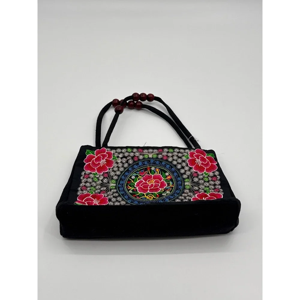Vintage Style Embroidered Floral Canvas Tote Bag Black Beaded Strap Handbag
